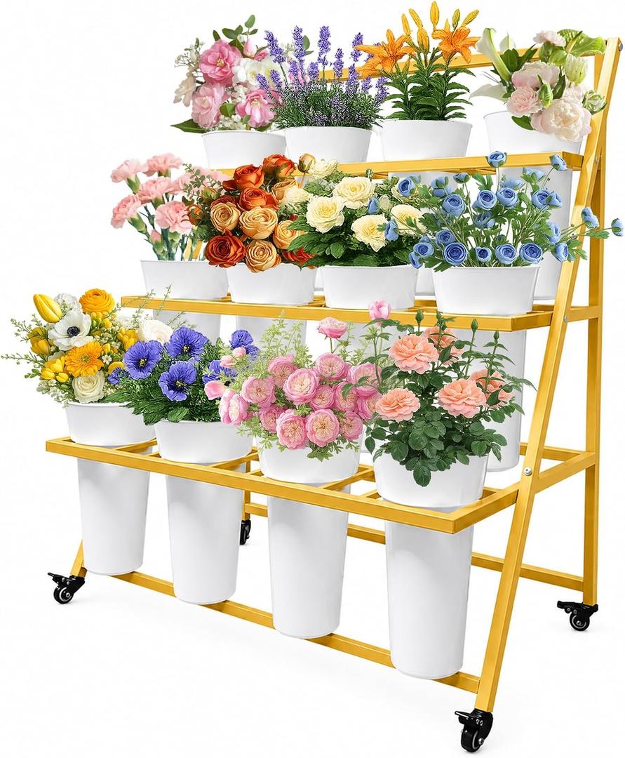 PROLEE Flower Stand with 12 Buckets, Flower Display Stand with Wheels, Flower Cart, Moving Florist Bouquet Shelf for Party and Wedding, Gold