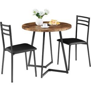VECELO Small Round Kitchen Table with 2 Upholstered Chairs, 3-Piece Wood Dinette Sets with Steel Frame for Breakfast Nook, Dining Room, and Small Space, Brown, 31.5 inches diameter