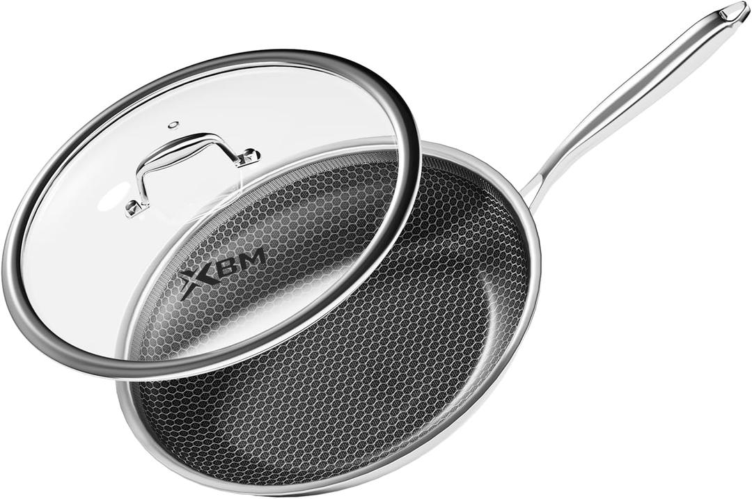 Nonstick Frying Pan with Lid 12-Inch, Durable Stainless Steel Skillet, Induction & Oven Safe 500F, PFOA-Free Scratch-Proof, Dishwasher Safe, Stay-Cool Handle, Silver Kitchen Cookware