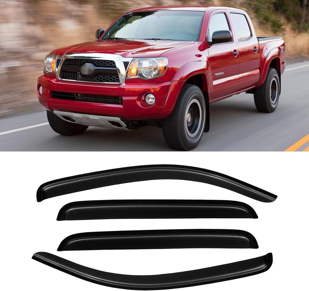 Window Visor for 2005-2023 Toyota Tacoma Double Cab, Out-Channel Rain Guards Shields Vent Deflector Shade Wind Dark Smoke 2006 2007 2008 2009 2010 2011 2012, Outside-Mount, 4PCS