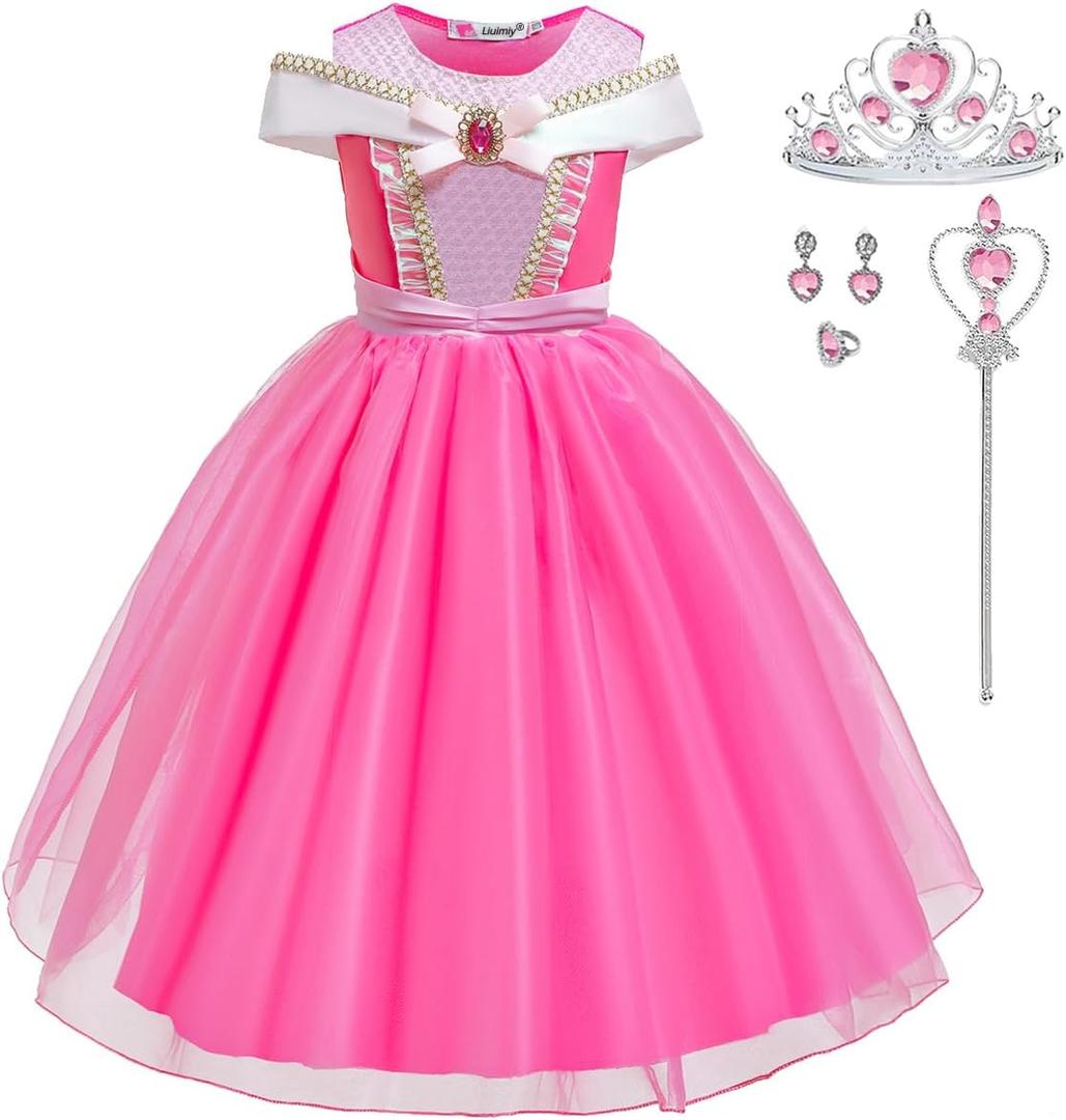 Girls Princess Costume Pink Dress Up Outfit for Halloween Cosplay Carnival Party (5-6 Years)