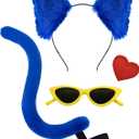 Blue Cat Ears Headband Cat Tail Set Yellow Glasses Heart Sticker Adult Christmas Halloween Costume Party Accessories