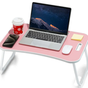 Laptop Bed Desk, Foldable Lap Desk, Portable Lap Table, Laptop Stand with Cup Holder & Tablet Slot & Lifting Handle for Working Writing Drawing & Eating - Pink