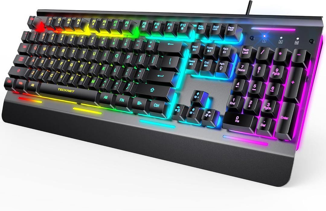 TECKNET Gaming Keyboard, USB Wired Computer Keyboard, 15-Zone RGB Illumination, IP32 Water Resistance, 25 Anti-ghosting Keys, All-Metal Panel (Whisper Quiet Gaming Switch) (Black)