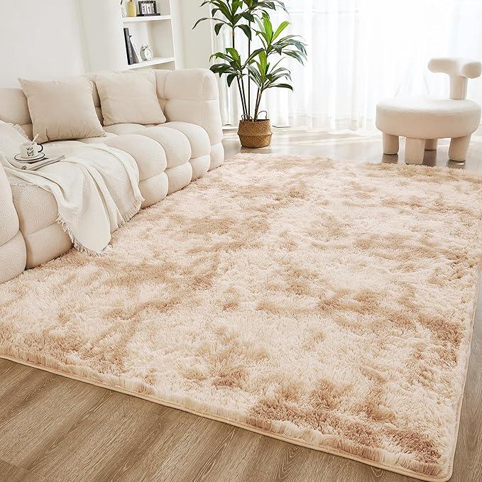 Litanika 6x9 Shag Area Rug for Living Room Bedroom, Tie-Dyed Beige High Pile Soft Plush Shaggy Furry Cream Bedside Playroom Dorm Carpet, Non-Slip, Non-Shedding Modern Indoor Floor Rug