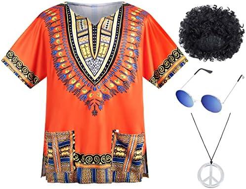 4 PCS Hippie Costume for Mens 60s 70s T-Shirt Afro Wig Accessories Set for Party Cosplay 2XL Orange