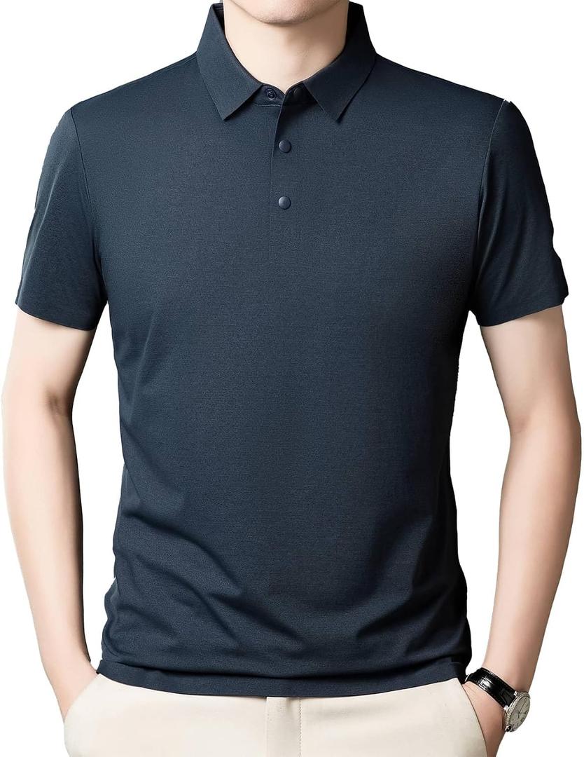 Men's Golf Polo Shirts Light Weight Business Casual Athletic Short Sleeve Polos Comfy Breathable Wicking (Blue, L)