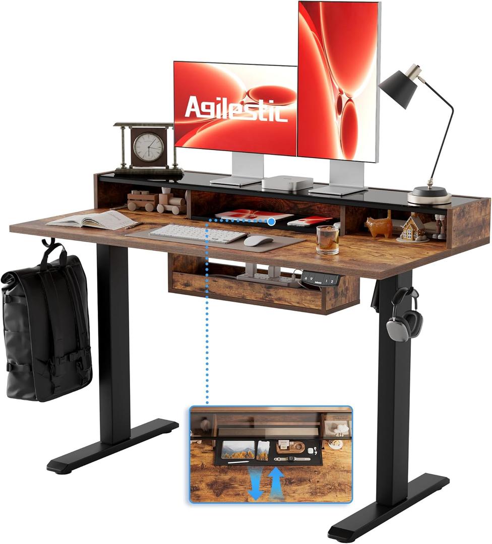 Agilestic Glass Standing Desk with Storage, 48 Inch Electric Adjustable Desk with Glass Shelf and Cable Management, Sit Stand Up Home Office Computer Table, Splice Board, Rustic Brown (48 x 24 Inches with 2 drawers)