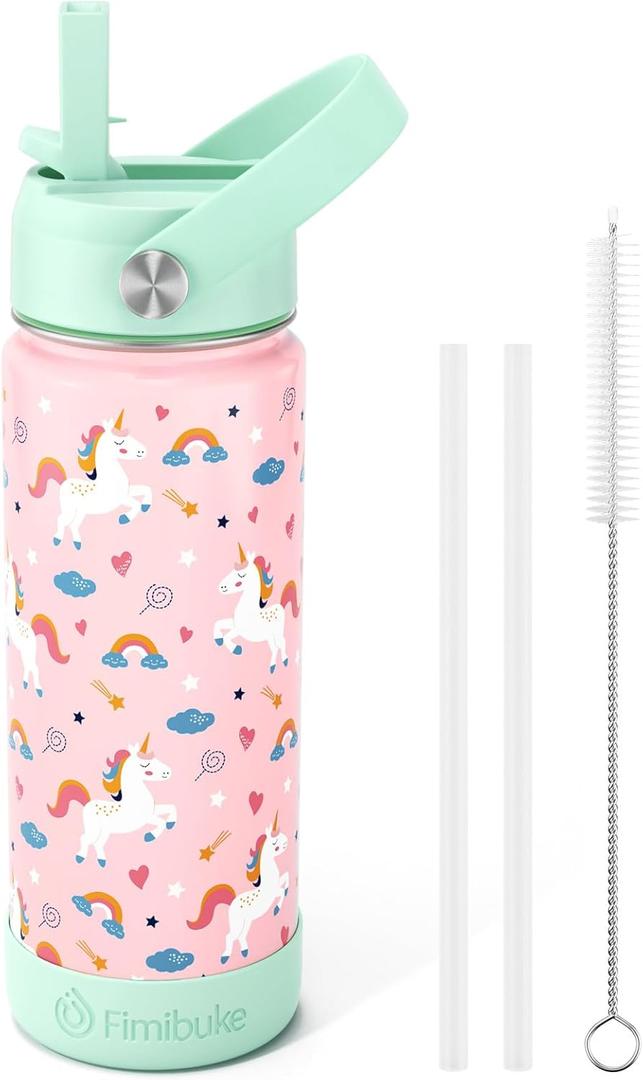 Fimibuke Kids Insulated Water Bottle, 18oz BPA FREE 18/8 Stainless Steel Kids Cup with Straw Travel Tumbler Double Wall Vacuum Leak Proof Toddler Water Bottle for School Boys Girls(1 Pack, Unicorn)