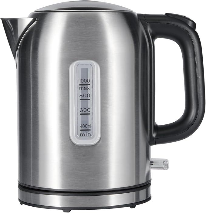 Basics Electric Kettle, Tea Kettle & Water Boiler with Auto ShutOff, Boil Dry Protection, Strix Thermostat, BPAFree, 1500W, 1.1Qt (1L), Stainless Steel, New Model, Black & Silver