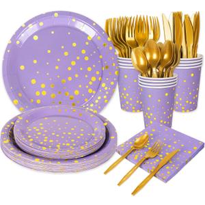 Whaline 175Pcs Lavender Party Supplies Foil Gold Dots Paper Tableware Plate Napkin Cup Purple Disposable Dinnerware Set for Graduation Congrats Grad Wedding Birthday Party Table Decor, Serve 25 Guests
