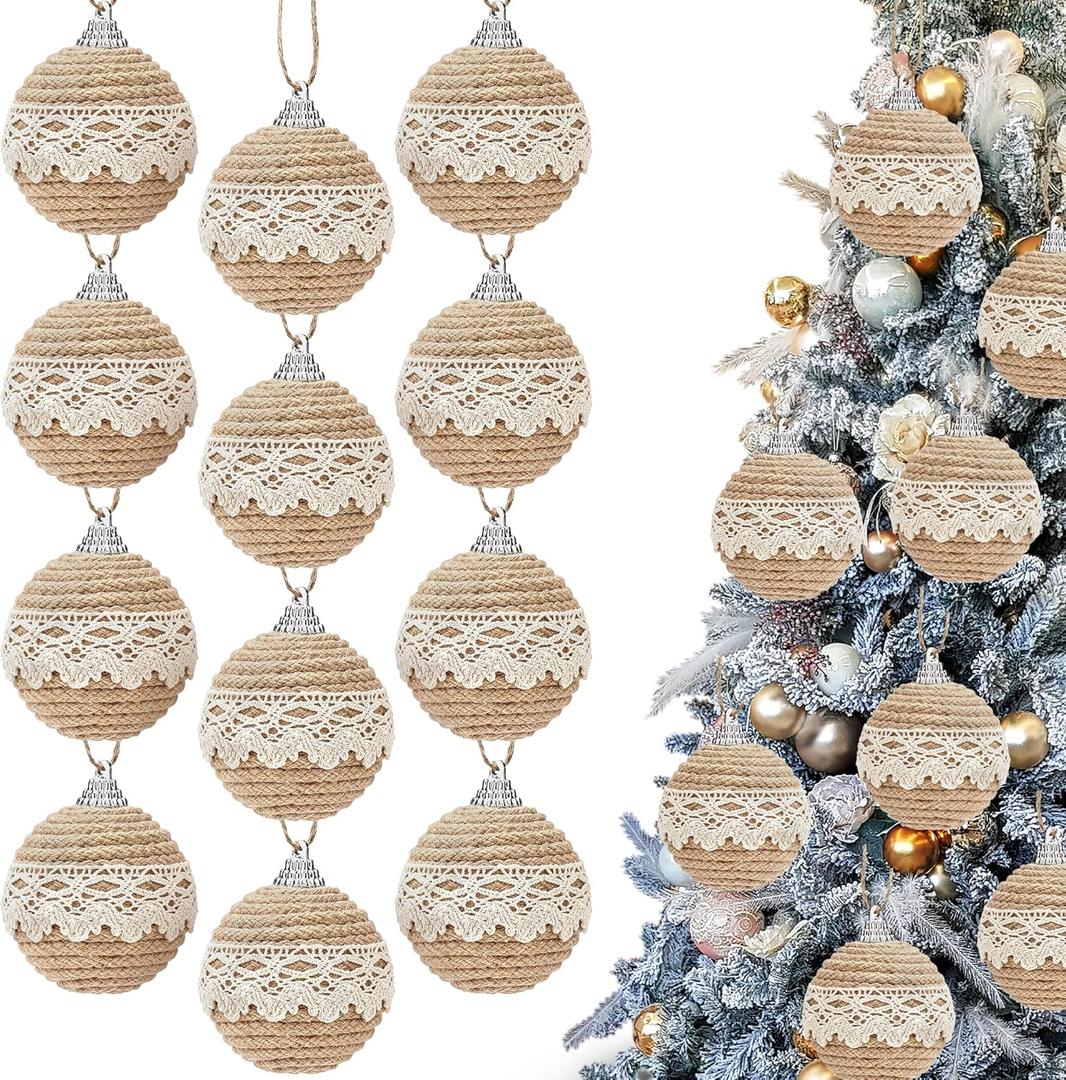 12 Pcs Boho Christmas Balls Ornament, 2.36 Inch Lace Burlap Farmhouse Jute Rope Hanging Balls, Burlap Neutral Rustic Decorations Balls for Home Xmas Tree Wreath Garland Wedding Home