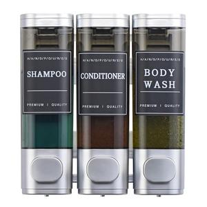 Shampoo and Conditioner Dispenser,Shower Soap Dispenser 3 Chamber No Drill Wall-Mounted for Bathroom & Hotel Leak-Proof Pumps, for Thick Liquids Like Conditioner - 1050ML High Capacity, Silver