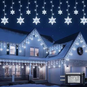 Christmas Snowflake Icicle Lights,8.2 FT 144 LED Snowflake Lights Outdoor with Timer,8 Modes Waterproof Connectable Christmas Light Plug in for Curtain Eave Window Indoor Outdoor Decor(White)