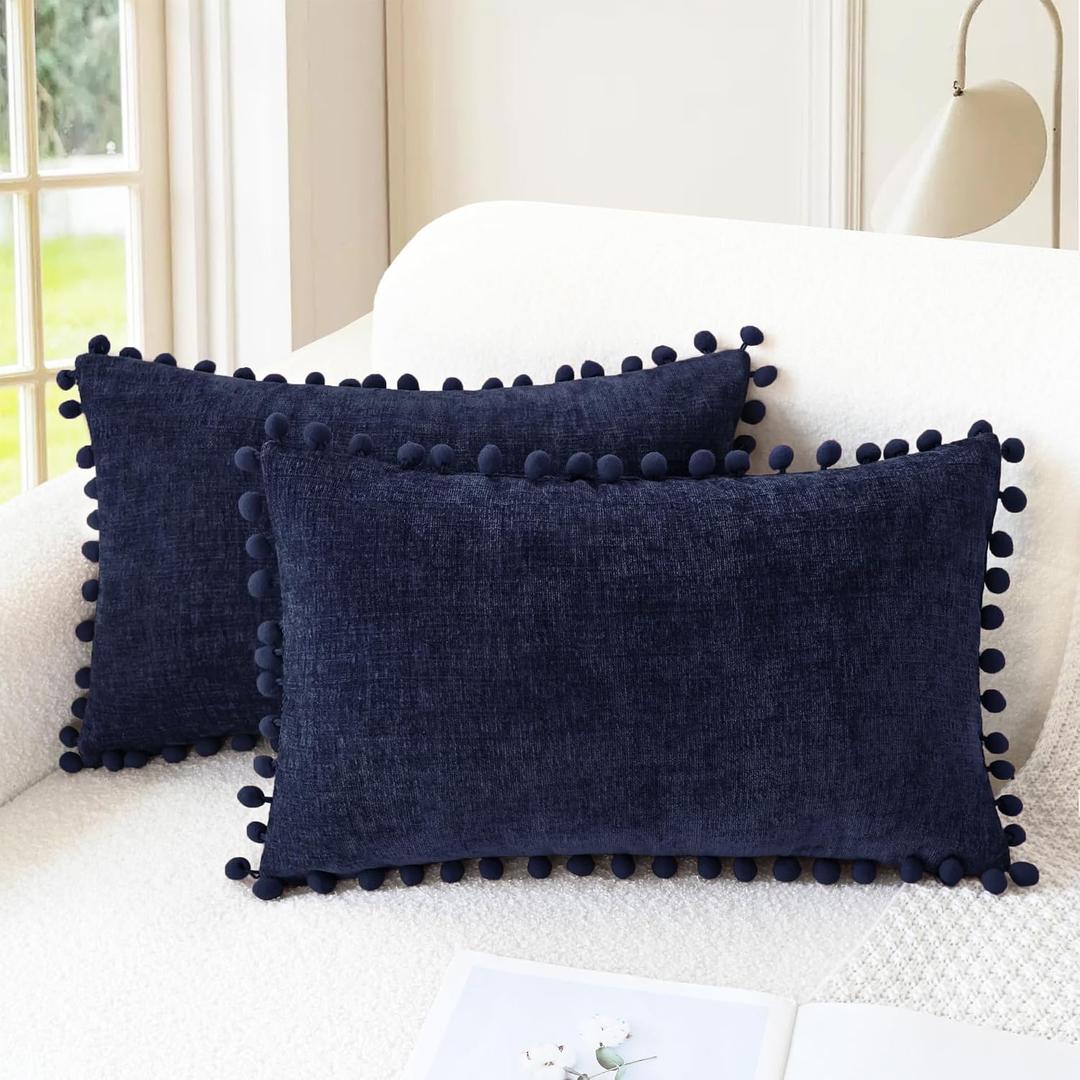 CaliTime Throw Pillow Covers Decorative 20 X 12 Inches Pack of 2 Cozy Solid Dyed Soft Chenille Cushion Cases with Pom Poms for Couch Sofa Bed Living Room Home Navy Blue