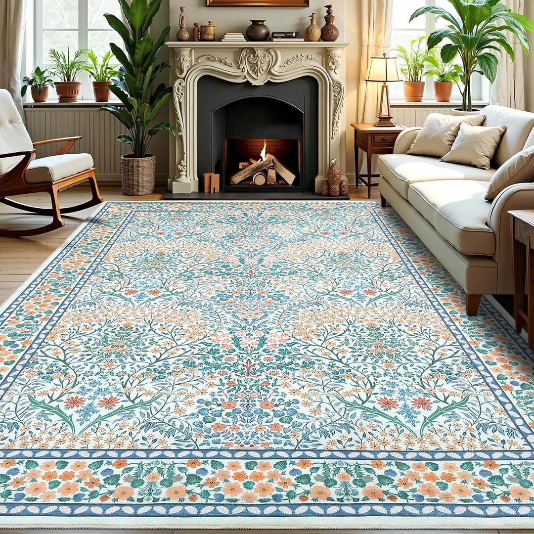 GarveeHome 4x6 Floral Washable Rug, Green Vintage Boho Low Pile Non Slip Area Rug, Soft Botanical Indoor Throw Rug for Entryway, Living Room, Bedroom, Dining Room