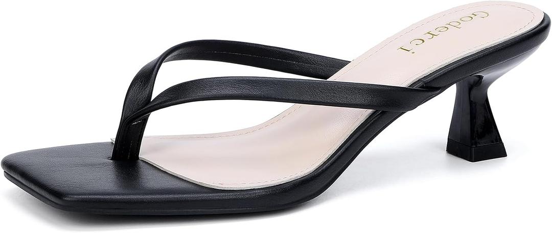 Kitten Flip Flop Thong Low Heels for Women Square Open Toe Slip On Heeled Sandals (9, Black)