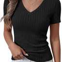 ANRABESS Womens Tops Short Sleeve V Neck Shirts Slim Fit Ribbed Knit Shirt 2026 Summer Dressy Casual Lightweight Sweaters (Large, Black)