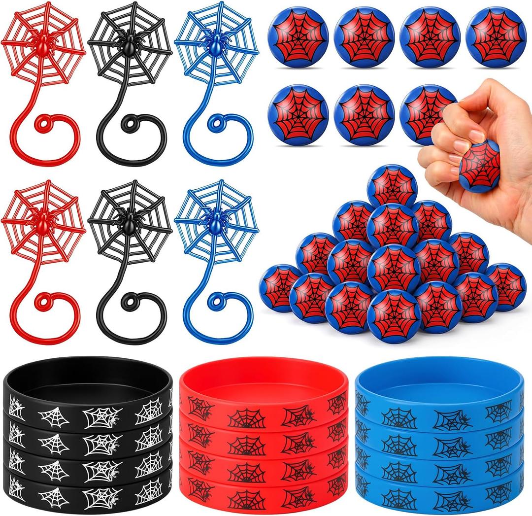 Thenshop 72 Pcs Spider Party Supplies Include Sticky Hands Web Stress Ball Rubber Wristbands Cobweb Sticky Hands Spider Theme Gifts for Birthday Comic Themed Party Decoration (Elegant Color)