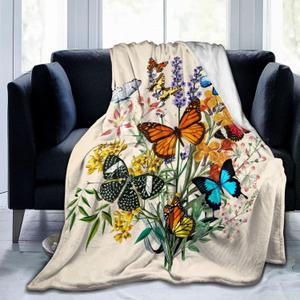Butterfly Blanket Beautiful Butterfly Throw Blanket Ultra Soft Flannel Vintage Botanical Butterflies Blanket Gifts for Kids Adults 60"X50"