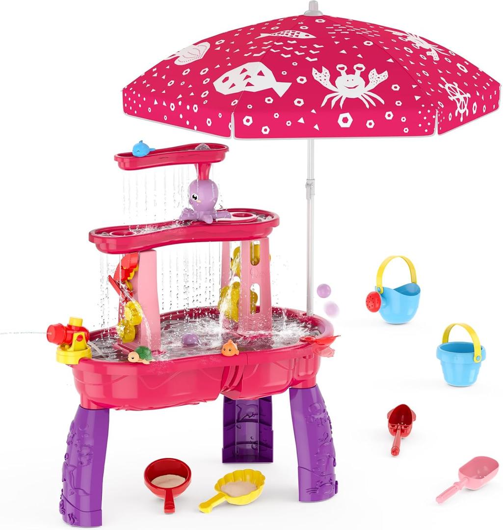 HYES Water Table for Toddlers 3-5, 3-Tier Kids Splash Sand Table Water Toys with Umbrella, Rain Showers Splash Pond for Outdoor Beach Backyard Summer, Activity Sensory Playset for Boys Girls, Red
