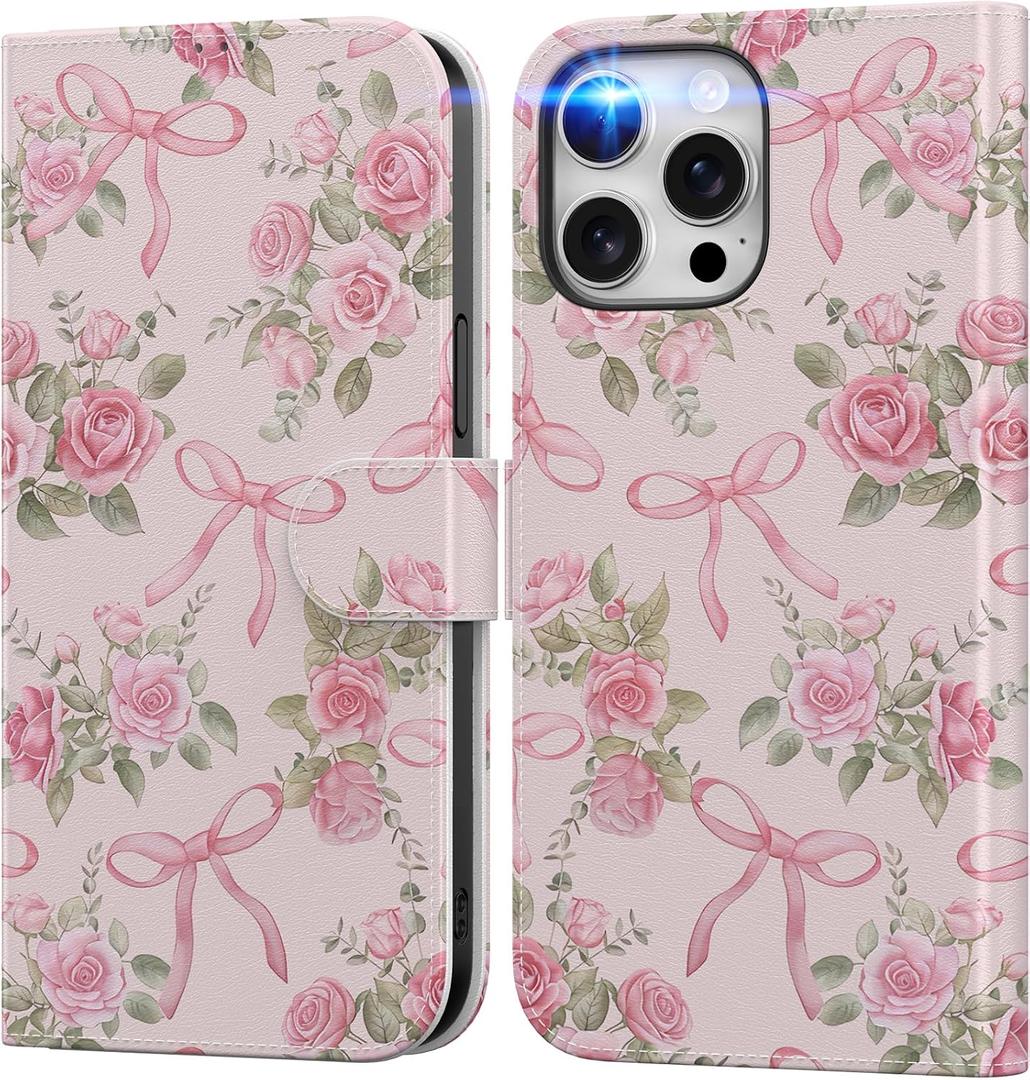 DEENAKIN for iPhone 15 Pro Max Wallet Case with Card Holder + Cash Clip, RFID-Blocking, Military-Grade Protection & UV-Printed Artwork, Magnetic Closure with Leather Stand - Pink Rose and Bows