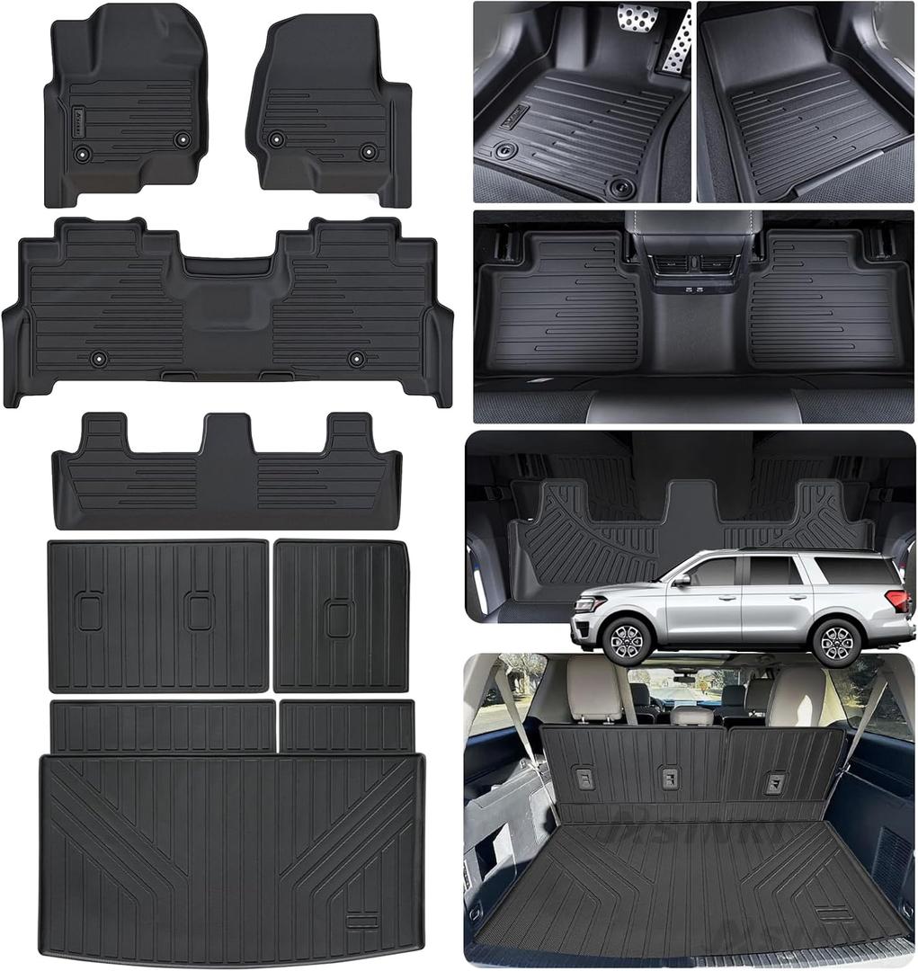 Floor Mats for 2018-2023 2024 Ford Expedition MAX 8 Seats-2 Row Bench Seat, TPE All Weather Protection 3 Rows Car Floor Liners with Trunk Mat Covering The Backrest