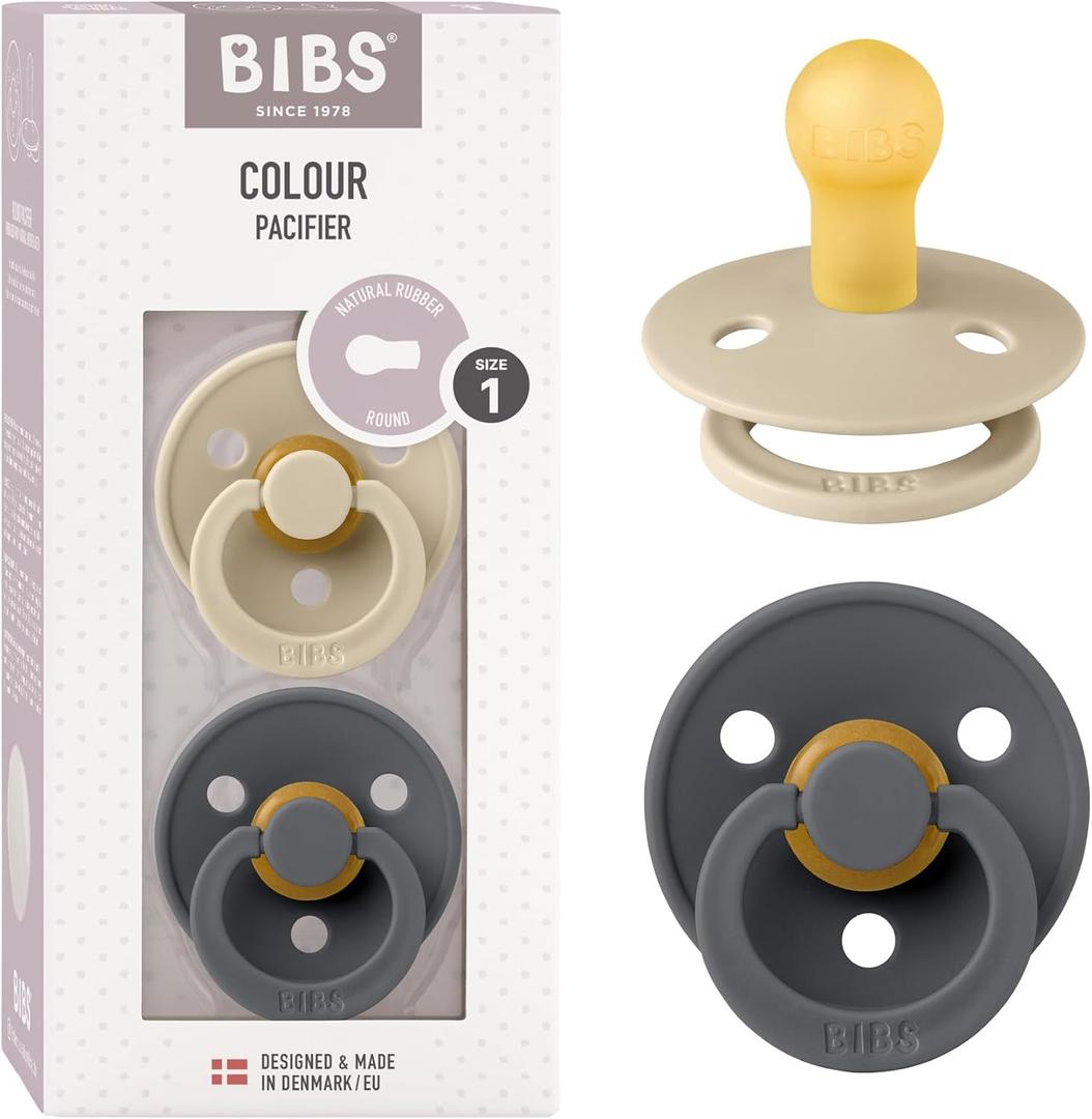 Bibs Pacifiers Color Collection, Set of 2 BPA-Free Latex Pacifiers Made in Europe, Round Nipple Baby Pacifier. (6+ Month (Pack of 2), Vanilla / Iron)