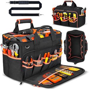 JJRING Heavy Duty 17inch Tool Bag with 48-Pockets, 1680D Oxford Organizer Storage Bag With Adjustable Shoulder Strap And Padded Handle For Electrician Plumbing Mechanics DIY And Craftsmen (RED)