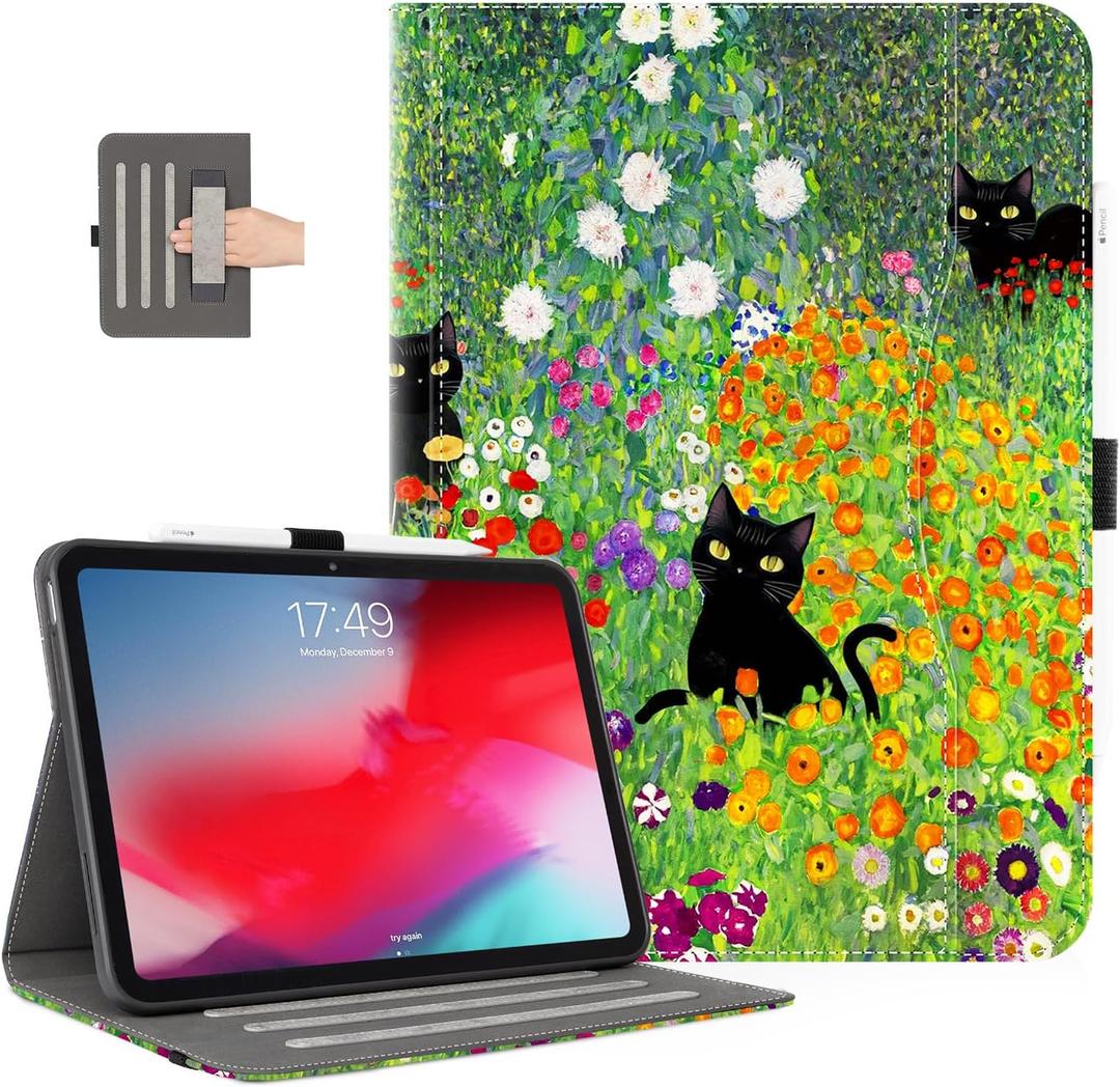 Case for iPad (A16) 11th Generation 2025, iPad 10th Generation Case with Pencil Holder Multi-Angle View Adjustable Stand Shockproof Protective with Pocket/Hand Strap/Auto Wake Sleep,Flower Garden Cat
