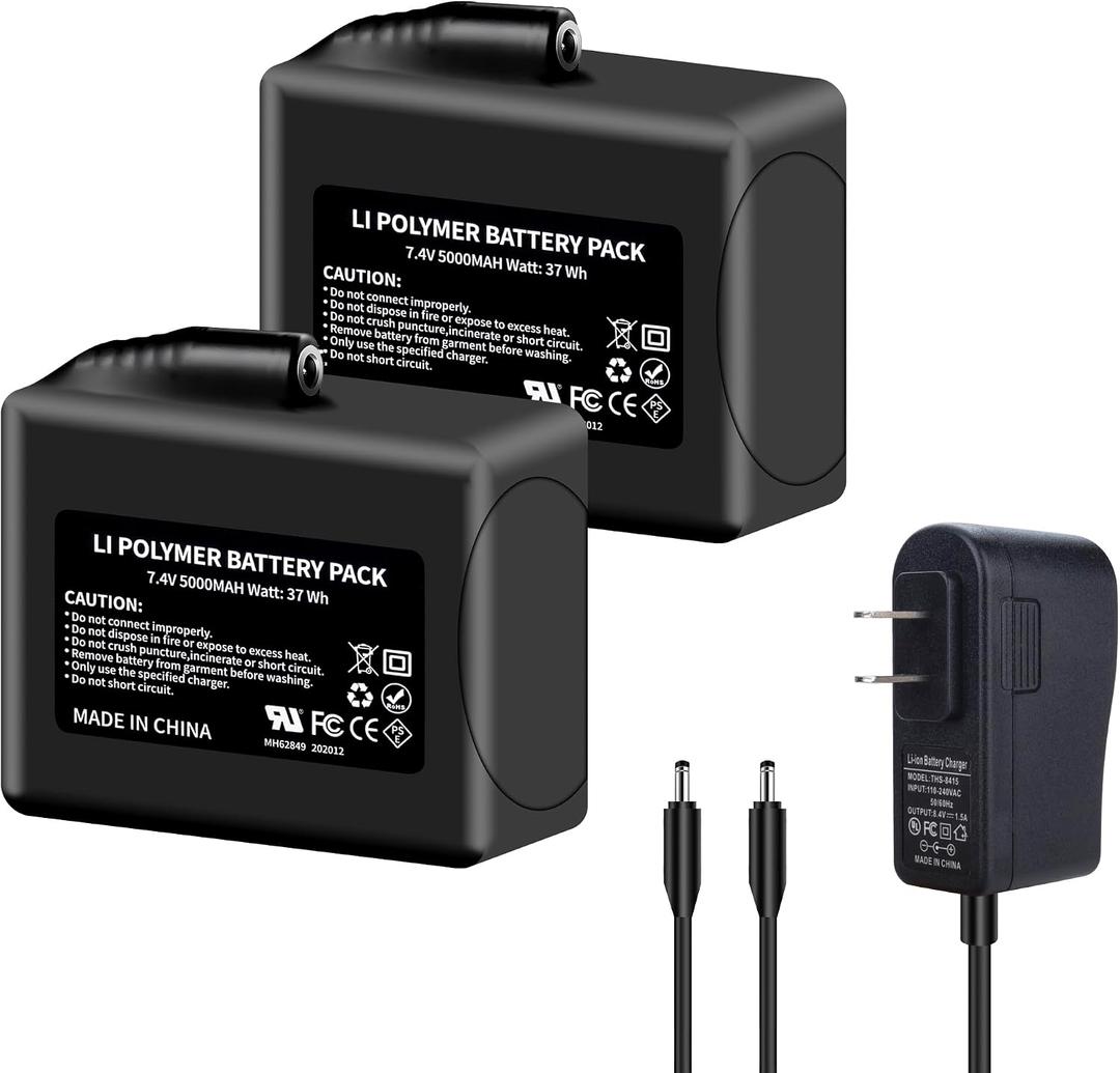 2Pack 5000mAh LI Polymer Battery Pack for Heated Gloves, Socks, Hats, Mittens, Vest, Jacket, Hand Muff, Boots, Hat, Knee Braces Suit Upgraded Version Battery with 8.4V DC Dual Battery Charger
