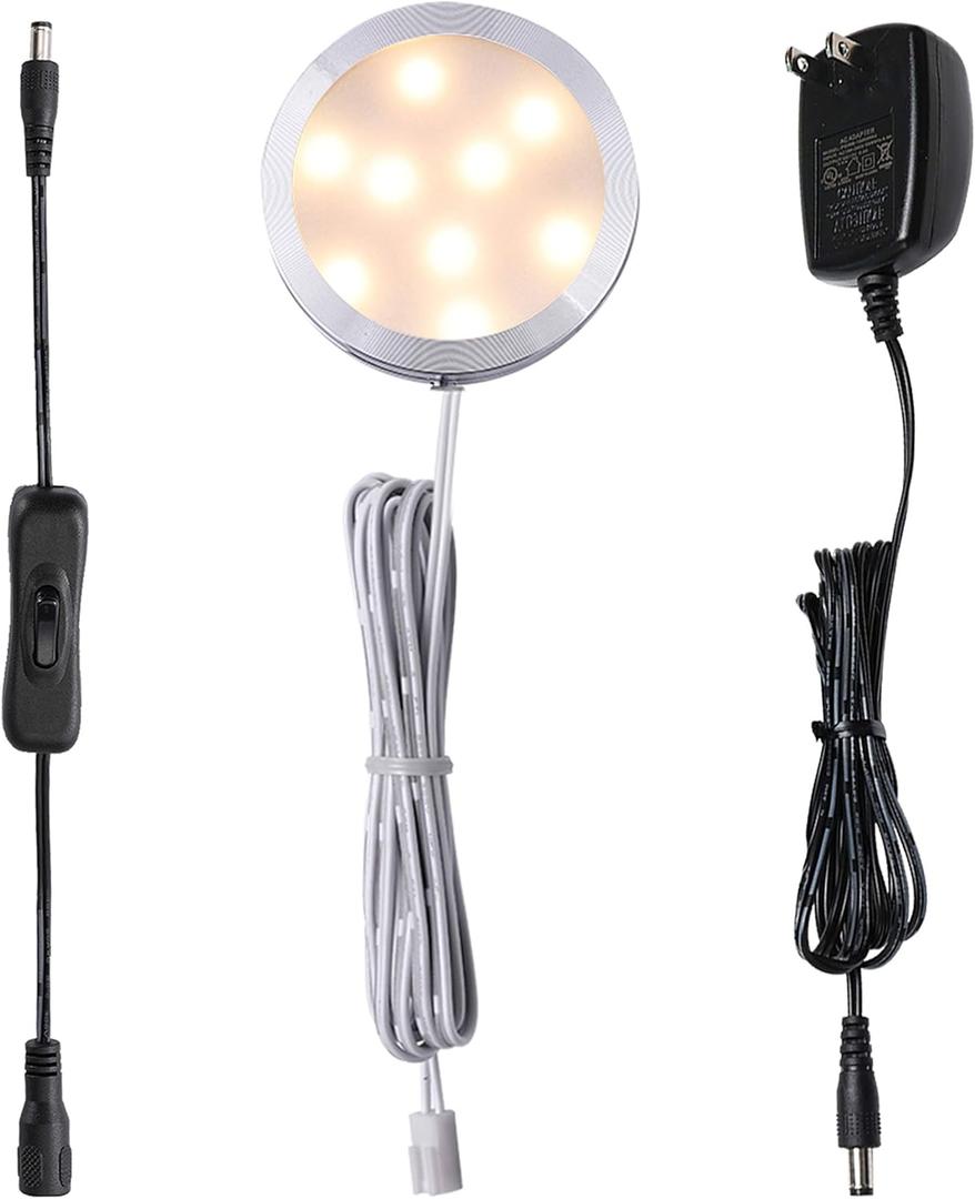 AIBOO 12V LED Under Cabinet Puck Lights Plug in, with Manual Switch, Single Puck LED Light for Closet,Counter,Showcase,12Vdc Low Voltage Wall Plug (Warm White)