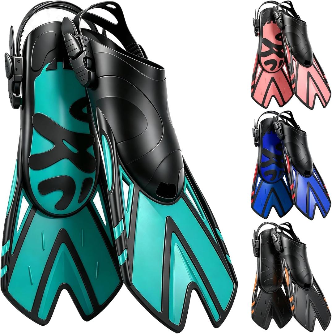 Snorkel Fins, Swim Fins Travel Size Short Adjustable for Snorkeling Diving, Open Heel Swimming Flippers for Adult Men Women, Small-Medium
