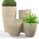 ZMTECH 4 Pack Plastic Planters 21/18/12/10in, Beige Faux Stone Finish Round Flower Pots with Drainage Holes & Saucers, Large Tall Plant Pots for Indoor Outdoor, Patio Garden Decor, Plant Containers