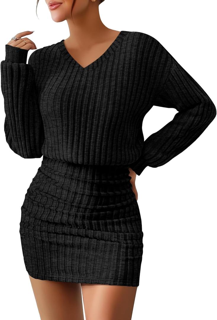 Oakgarden Women's Pullover Sweater Dress Long Lantern Sleeve Ribbed Knit V Neck Ruched Bodycon Mini Dress 2025 Fashion (Large, Black)