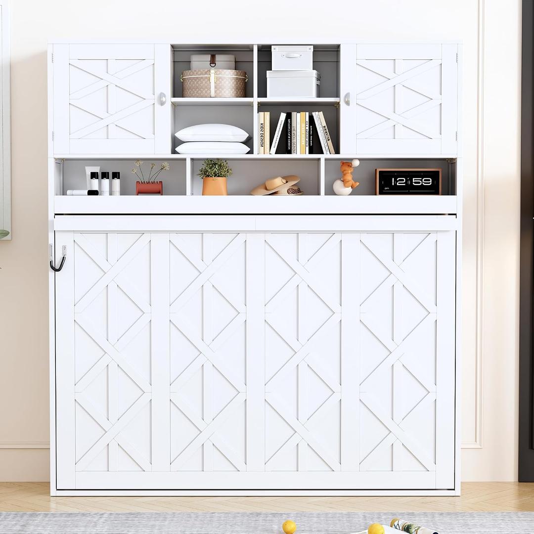 GDFStudio Queen Size Modern Wall Murphy Bed with Storage Cabinet, Hydraulic Lift Wall Bed, Space Saving Foldable Bed Frame with Decorative Diamond Panels for Guest Room, White