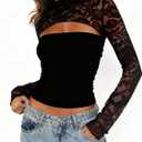Womens Lace Long Sleeve Going Out Top Sexy Cut Out Y2K Crew Neck Club Party Night Out Tops Mesh Lace Blouse Shirt (Black, XL)