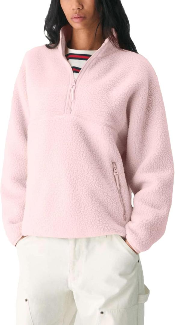 Aimiray Fleece Pullover Women Long Sleeve Half Zip Sherpa Jacket Warm Trendy Teddy Fall Sweatshirts with Side Pockets (Medium, Pink)