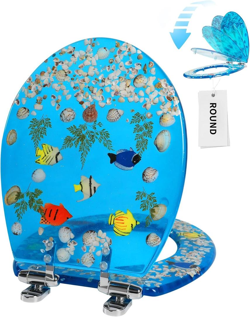Angol Shiold Resin Toilet Seat Round Soft Close Quick Release 3D Effects Heavy Duty Toilet Seats with Blue Fish Seashells Cover Acrylic Seats Ocean Series (Round 17inch, Blue,Upgraded hinge)