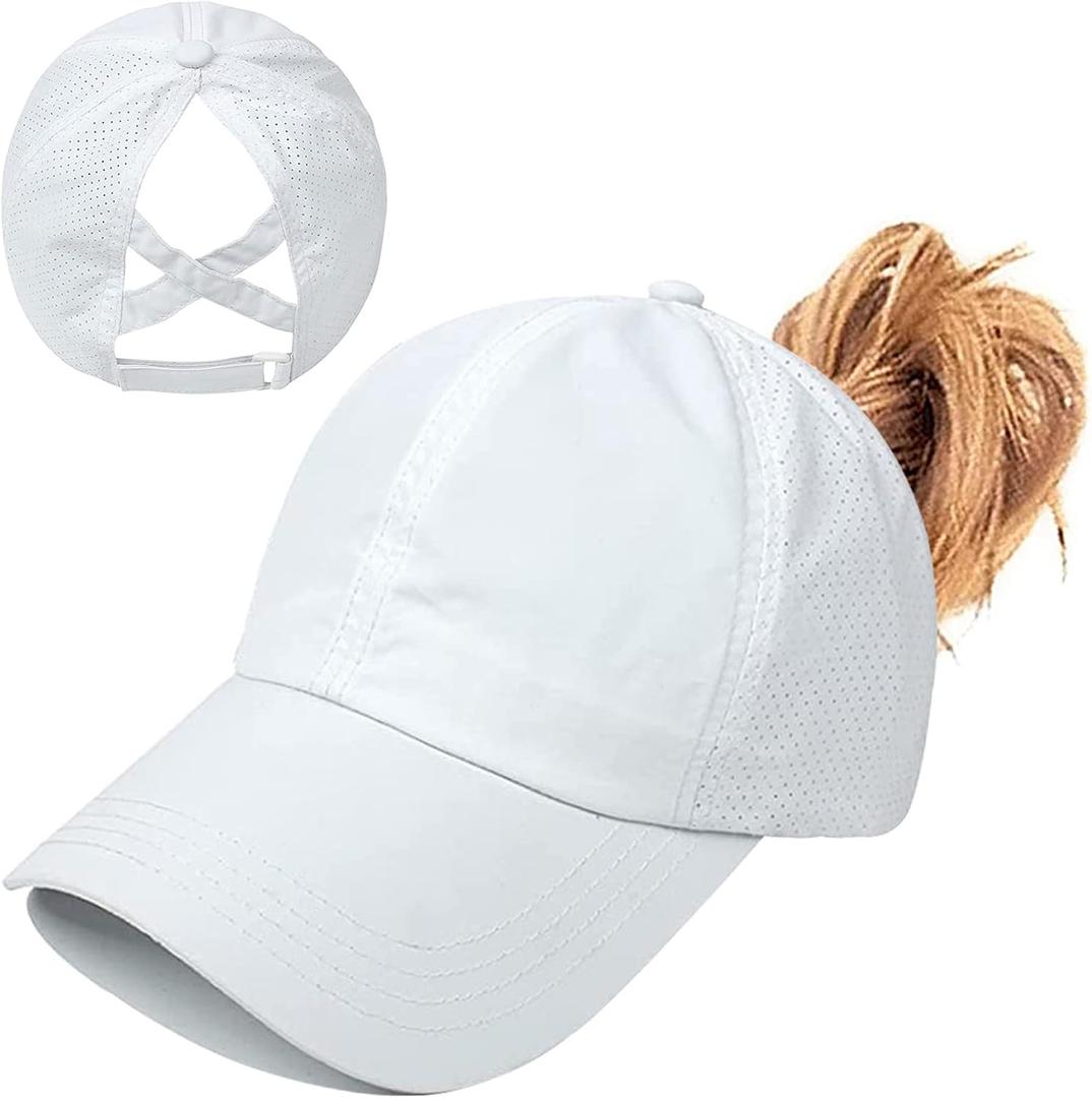 Womens Ponytail Hat Baseball Cap, Adjustable Criss Cross Baseball Cap High Bun Unisex Quick Drying Trucker Hats (One Size, Zwhite)