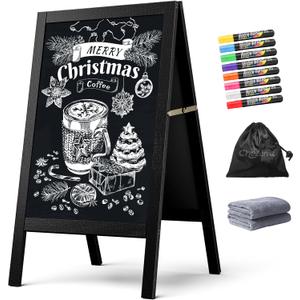 A Frame Chalkboard Sign, 40"x20" Extra Large Sidewalk Chalk Board, Wooden Standing ChalkBoards Set with Markers, Double-Sided Magnetic Blackboard for Cafs, Weddings, Party Guide, Black
