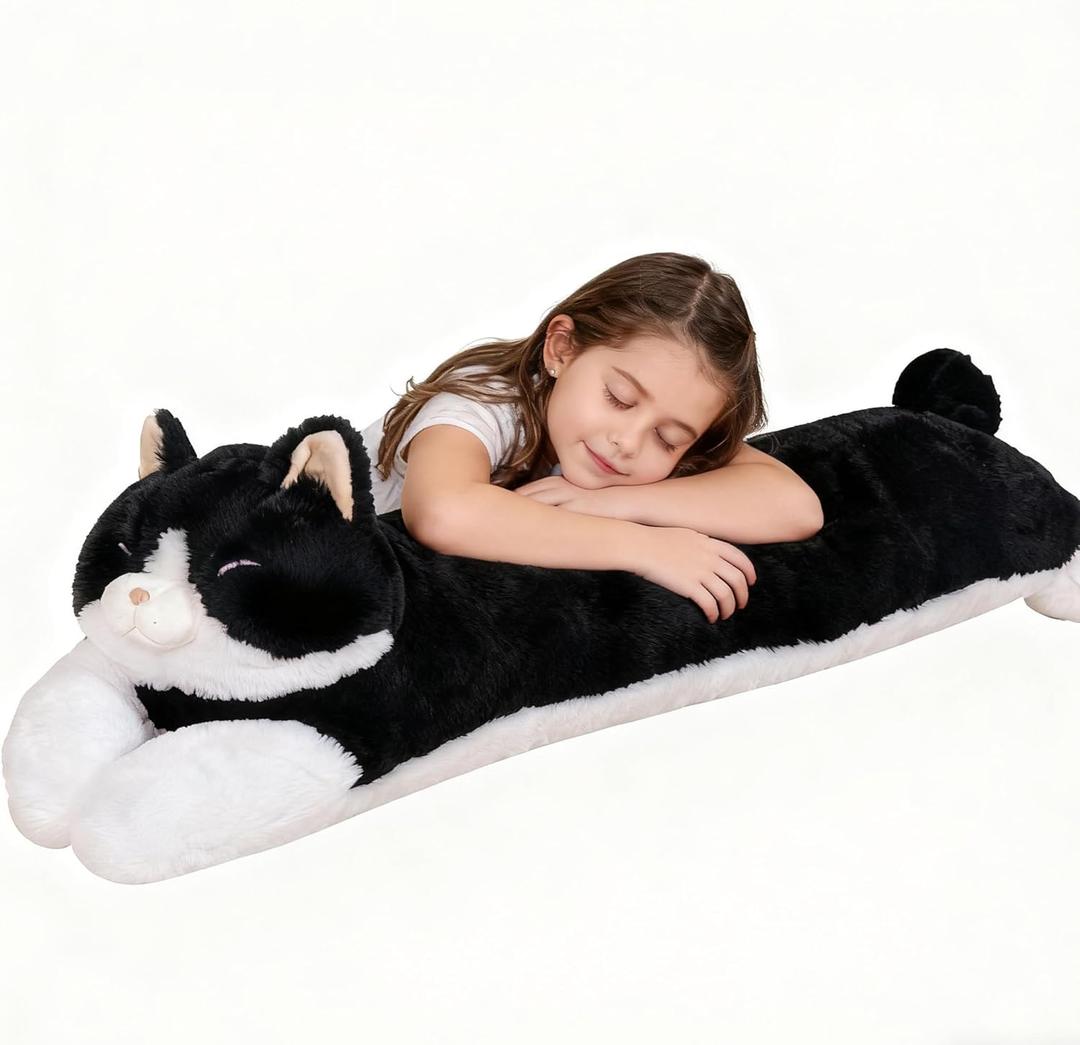 32 inch Large Stuffed Cat Plush Toy, Big Cat Stuffed Animal Long Body Pillow, Black & White Kitty Stuffy Plushie Gift for Kids Boys Girls, Birthday Valentine's Day