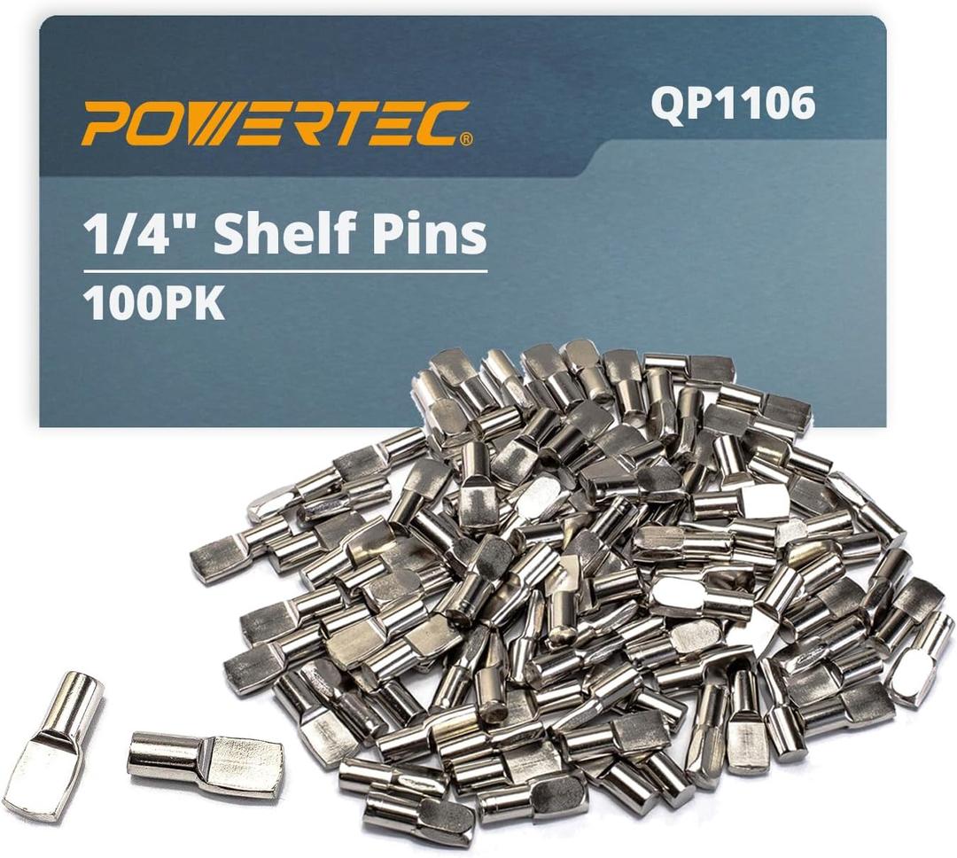 POWERTEC QP1106 1/4 Inch Shelf Pegs 100 pcs, Spoon Shaped Shelf Pins Support Pegs for Shelves, Kitchen Cabinet Shelf, Bookshelf, Closet and Furniture, Nickel Plated Shelf Holders Pegs