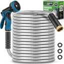 Garden Hose 100FT, Water Hose with 10 Function Nozzle, Garden Hose Metal with Leak-proof Connectors, No-Kink, Lightweight, Puncture-proof, Pet-proof, Sturdy, 550PSI, Hose for Outdoor, Yard (Silver)