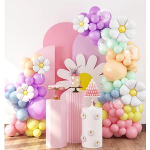 HOUSE OF PARTY Groovy Daisy Flower Balloons - 114 Pcs Pastel Rainbow Balloon Arch Garland Kit - Clear Bubble & Bobo Balloons - Perfect for Birthday, Baby Showers, Weddings & Party Decoration!
