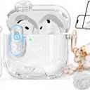 Clear Case for AirPods 4 Case Cover with Safety Lock,Soft TPU Cover with Phone Stand & Cleaning Kit,Cute Bling Keychain for Women Girls- Glitter White