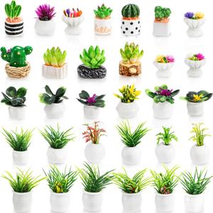 Pumtus 31 PCS Miniature Potted Plants, Vivid Mini Artificial Bonsai Plants, 1:12 Resin Tiny Dollhouse Flowerpot Decor, Realistic Fake Greenery Ornament, Cute Succulent Planter Models for DIY Crafts