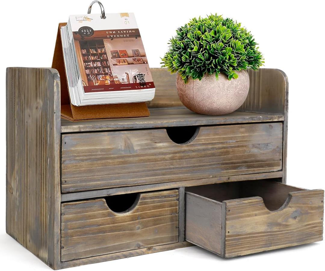 Besti Wooden Office Desk Organizer - Organizing Tool for Desktop, Cubicle, Bedroom, Kitchen - Vintage Style Organization Caddy with Top Tray Shelf & 3 Drawers - 13.6x9x7 Inches (Rustic)