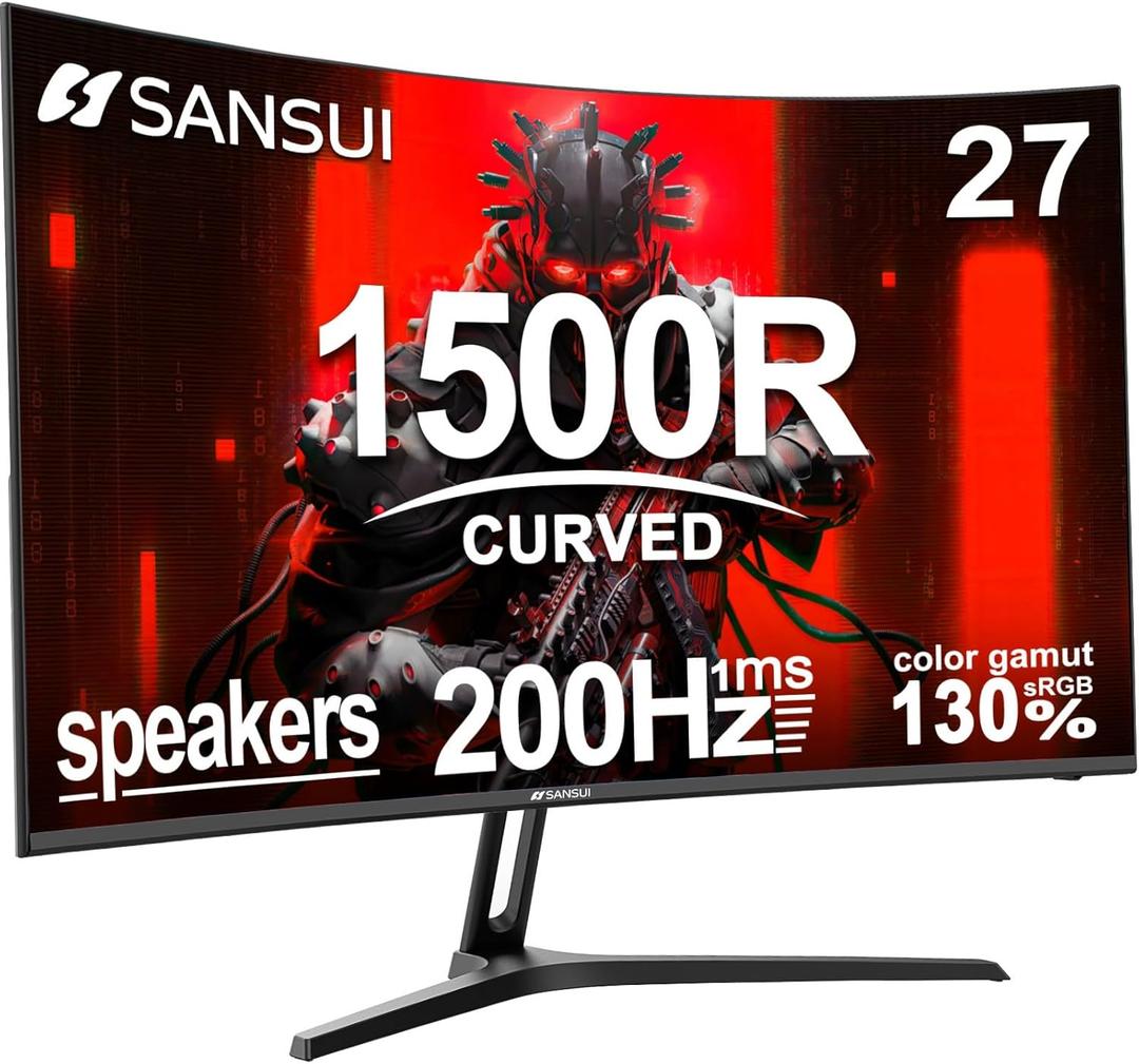 SANSUI 27 Inch Curved Gaming Monitor 200Hz 1ms with Speakers FHD 1080P Computer Monitor FreeSync|1500R|130% sRGB|HDR|Low Blue Light|HDMI DP Ports|VESA Mount|Metal Stand(HDMI Cable Incl.) (Black)