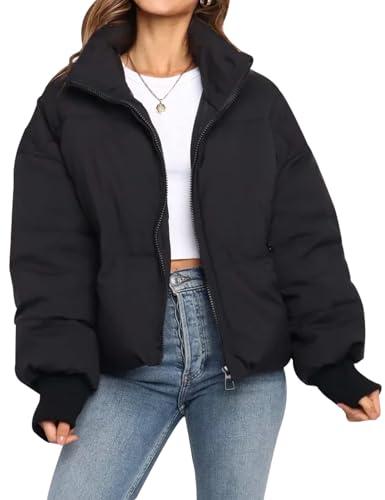 Flygo Winter Cropped Puffer Jacket Coats for Women 2025 Short Warm Quilted Jackets Outerwear with Pockets(Black-L)